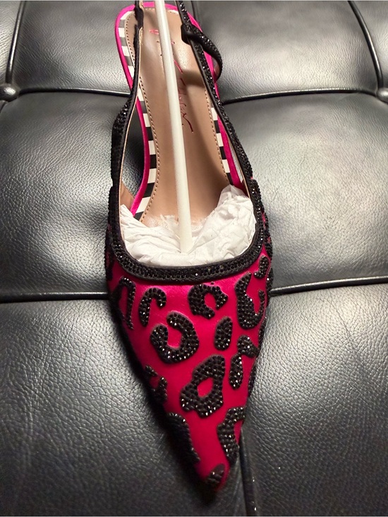 Betsey Johnson Shoes - Betsey Johnson Pink Slingback Heels with Black Beaded Leopard